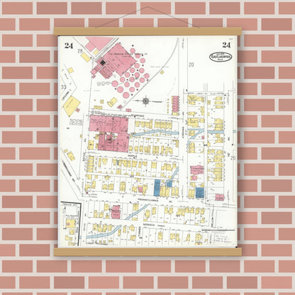 Old map wall art mockup — magnetic wood frame on brick wall — Sanborn Fire Insurance Map from East Liverpool, Columbiana County, Ohio (1923), Sheet #0024