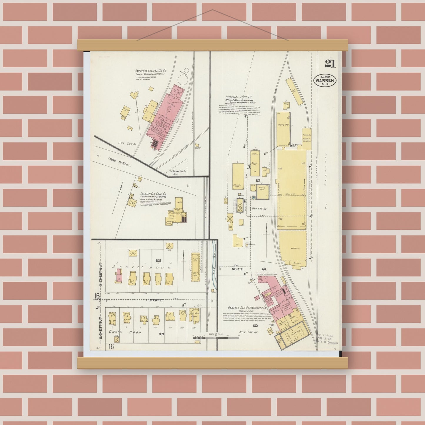 Old map wall art mockup — magnetic wood frame on brick wall — Sanborn Fire Insurance Map from Warren, Trumbull County, Ohio (1902), Sheet #0021