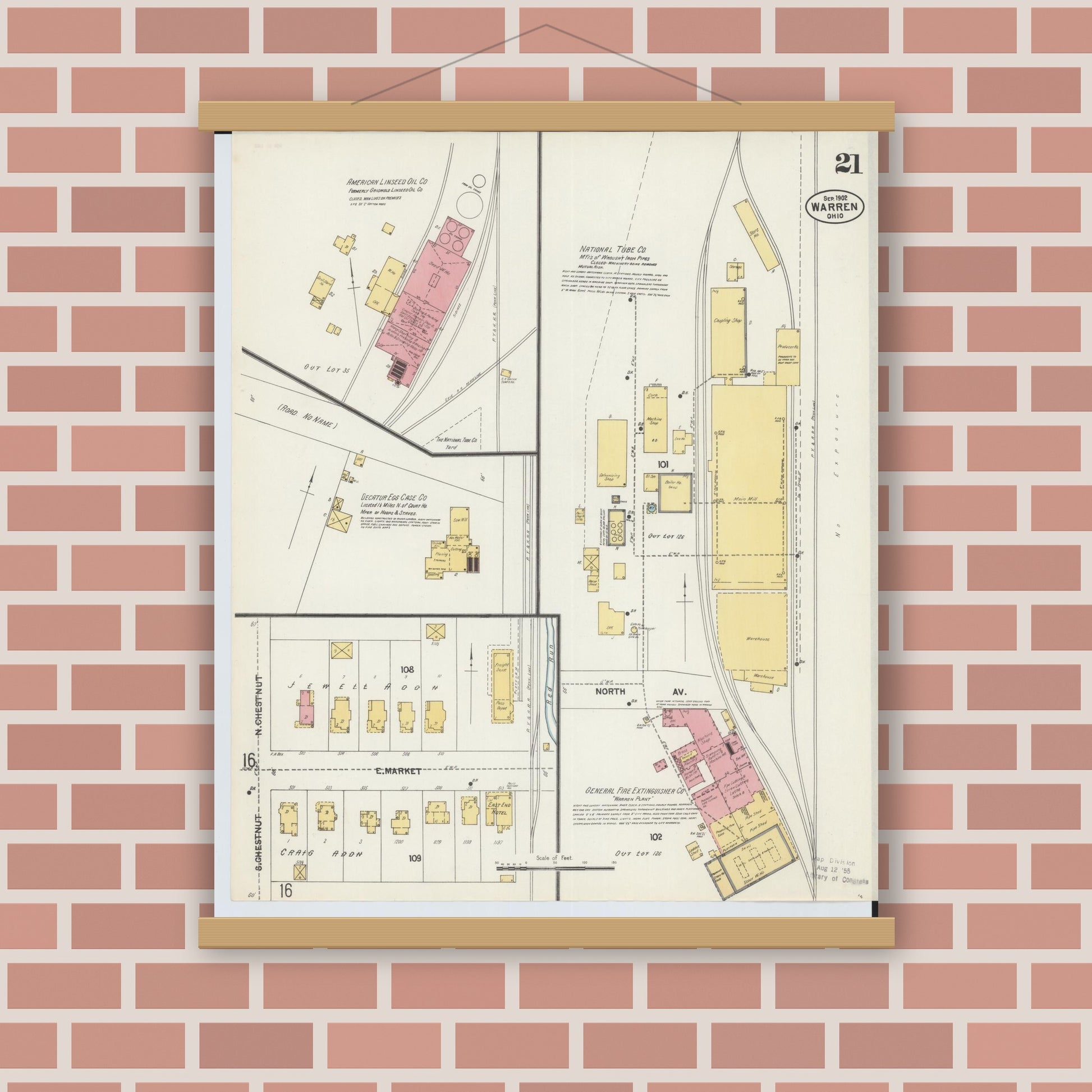 Old map wall art mockup — magnetic wood frame on brick wall — Sanborn Fire Insurance Map from Warren, Trumbull County, Ohio (1902), Sheet #0021