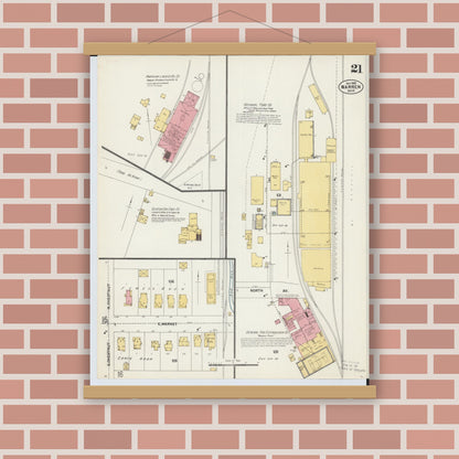 Old map wall art mockup — magnetic wood frame on brick wall — Sanborn Fire Insurance Map from Warren, Trumbull County, Ohio (1902), Sheet #0021