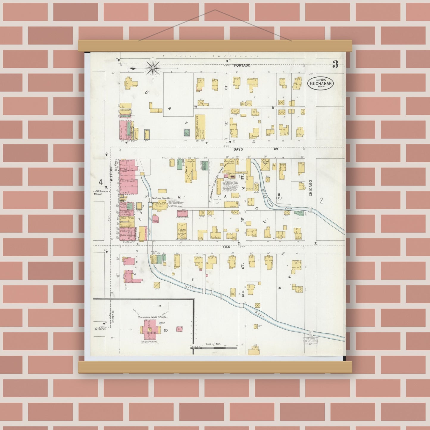 Old map wall art mockup — magnetic wood frame on brick wall — Sanborn Fire Insurance Map from Buchanan, Berrien County, Michigan (1900), Sheet #0003