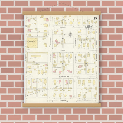 Old map wall art mockup — magnetic wood frame on brick wall — Sanborn Fire Insurance Map from Paris, Edgar County, Illinois (1908), Sheet #0015