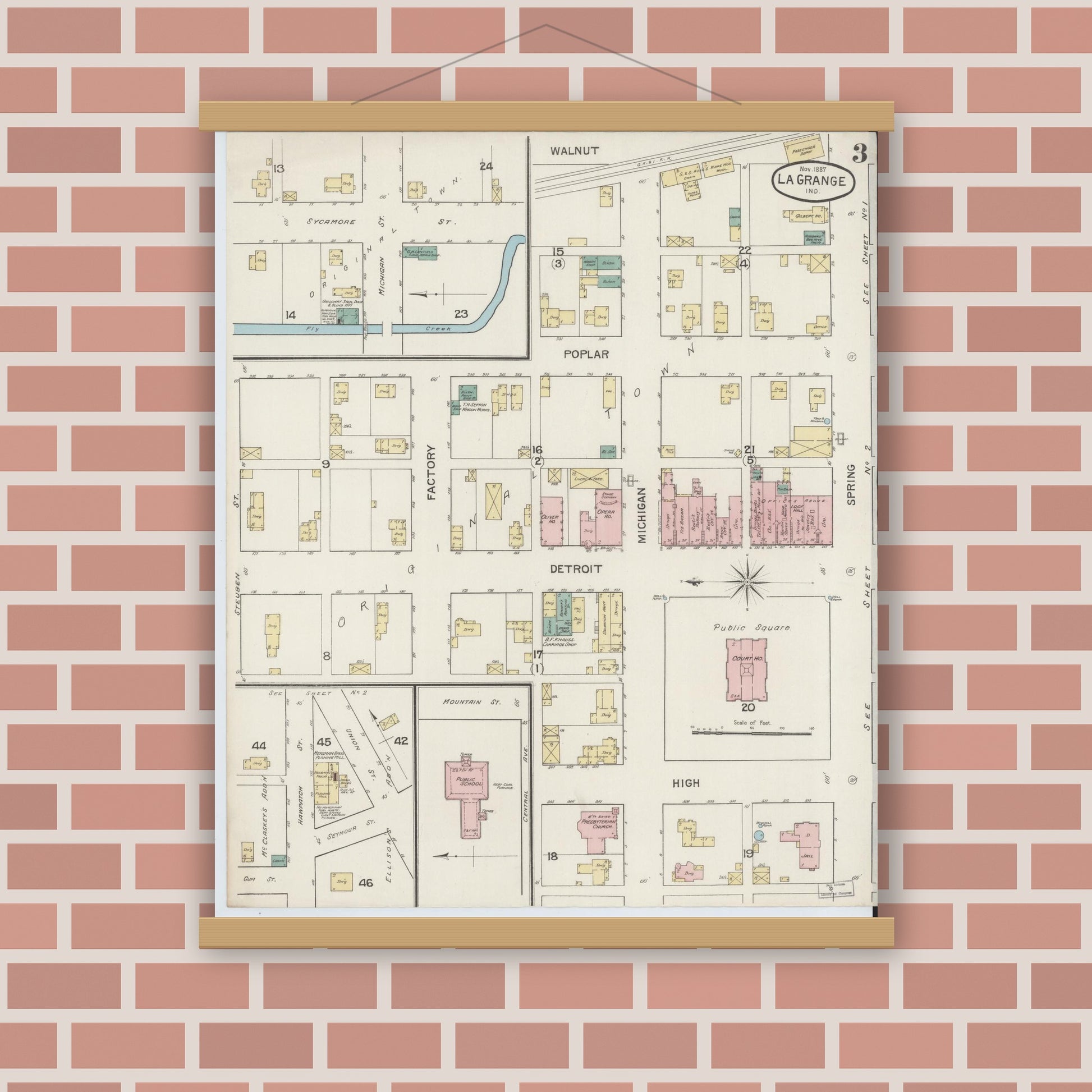 Old map wall art mockup — magnetic wood frame on brick wall — Sanborn Fire Insurance Map from Lagrange, LaGrange County, Indiana (1887), Sheet #0003