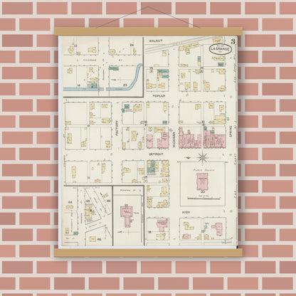 Old map wall art mockup — magnetic wood frame on brick wall — Sanborn Fire Insurance Map from Lagrange, LaGrange County, Indiana (1887), Sheet #0003