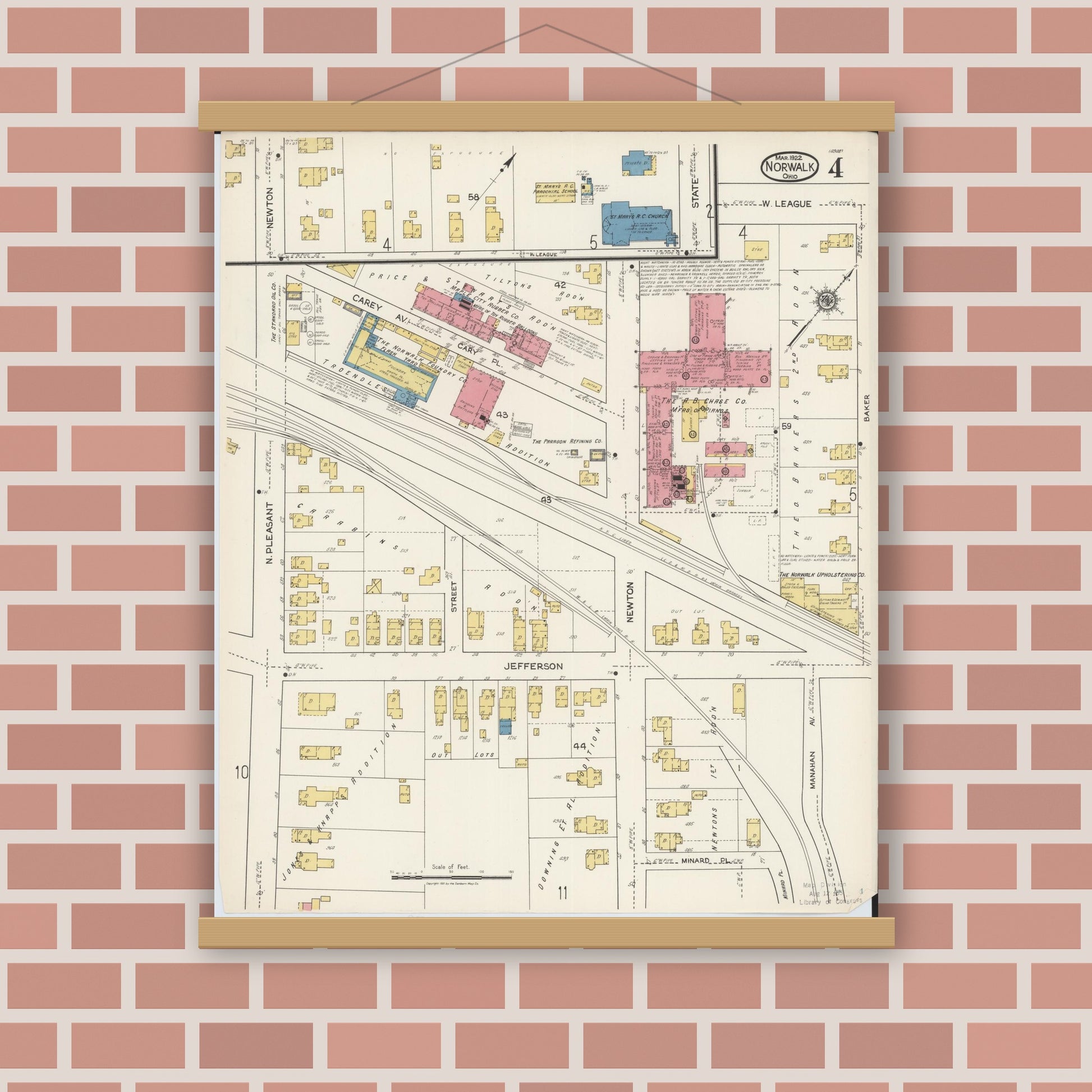 Old map wall art mockup — magnetic wood frame on brick wall — Sanborn Fire Insurance Map from Norwalk, Huron County, Ohio (1922), Sheet #0004