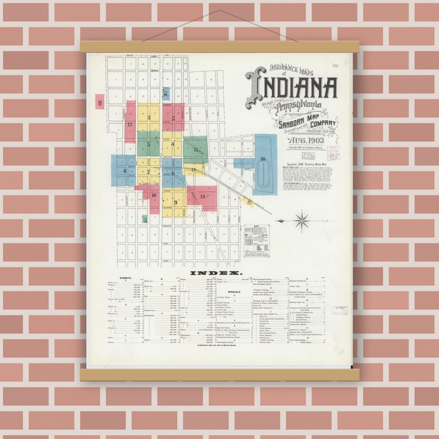 Old map wall art mockup — magnetic wood frame on brick wall — Sanborn Fire Insurance Map from Indiana, Indiana County, Pennsylvania (1903) - Complete Map Set