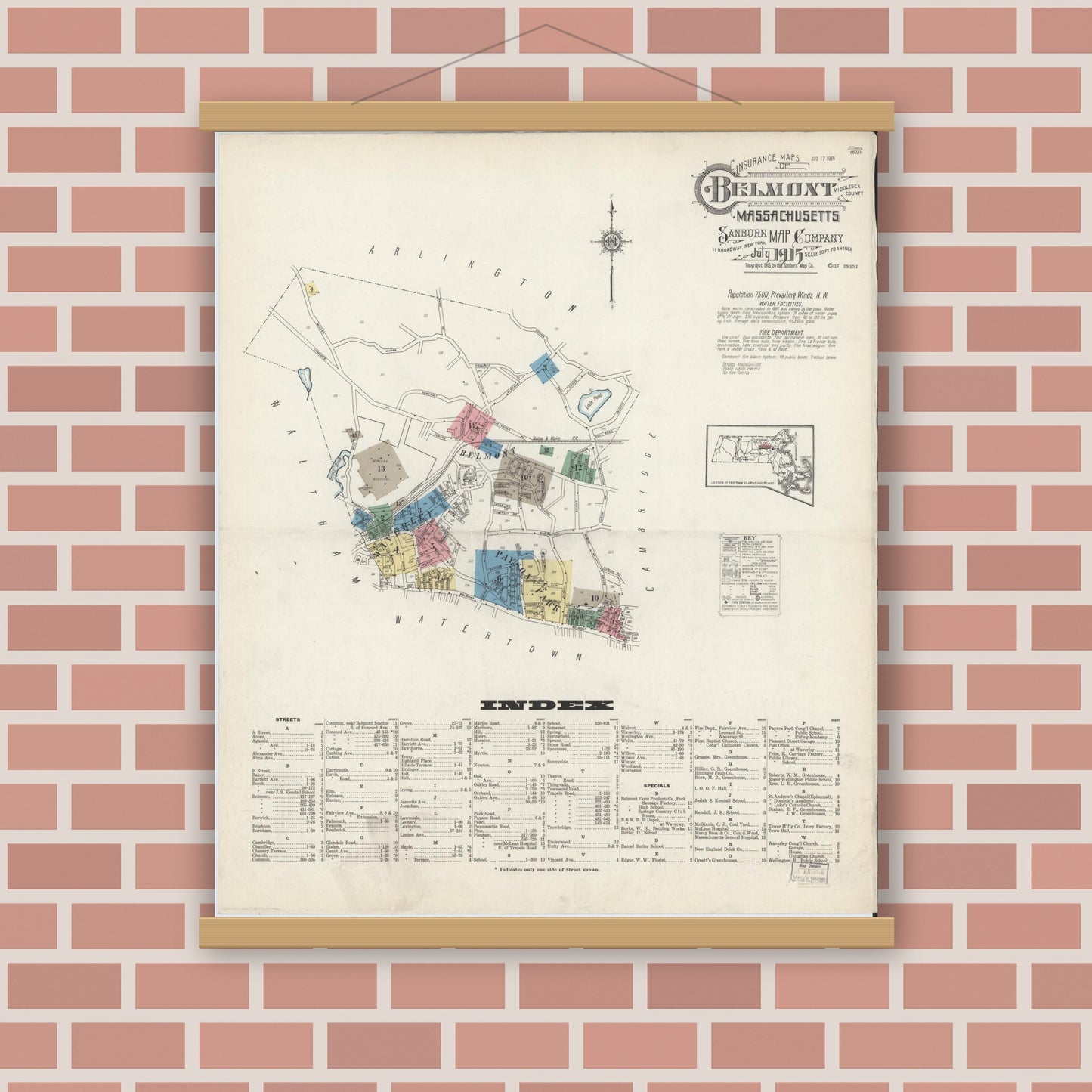 Old map wall art mockup — magnetic wood frame on brick wall — Sanborn Fire Insurance Map from Belmont, Middlesex County, Massachusetts (1915) - Complete Map Set