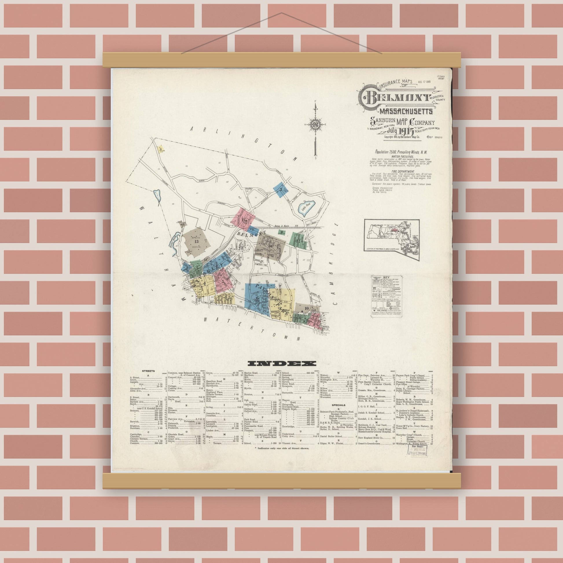 Old map wall art mockup — magnetic wood frame on brick wall — Sanborn Fire Insurance Map from Belmont, Middlesex County, Massachusetts (1915) - Complete Map Set