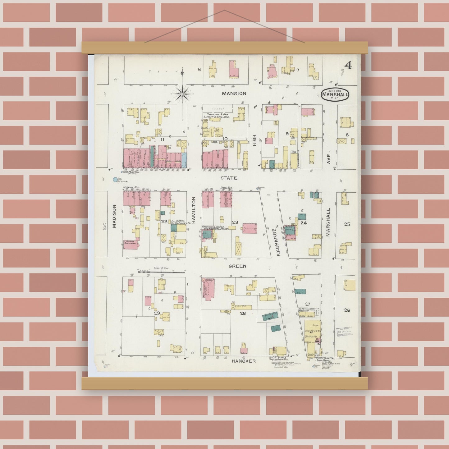Old map wall art mockup — magnetic wood frame on brick wall — Sanborn Fire Insurance Map from Marshall, Calhoun County, Michigan (1893), Sheet #0004
