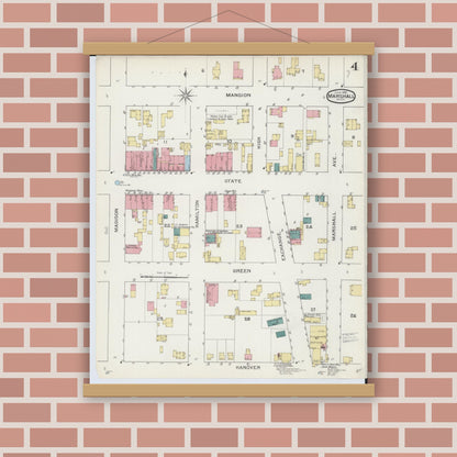 Old map wall art mockup — magnetic wood frame on brick wall — Sanborn Fire Insurance Map from Marshall, Calhoun County, Michigan (1893), Sheet #0004