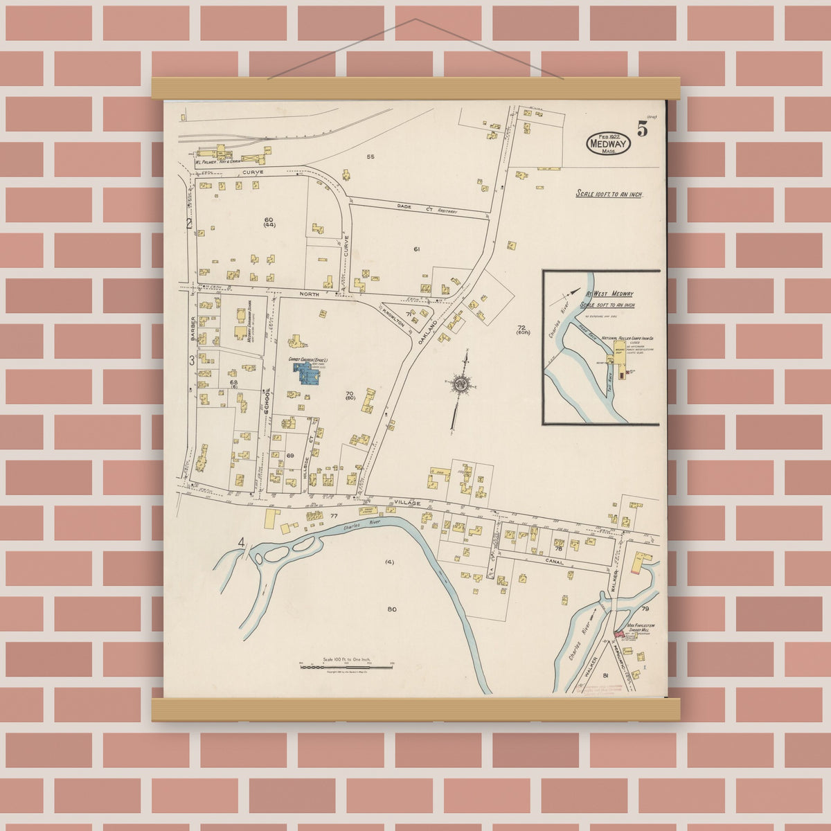 Old map wall art mockup — magnetic wood frame on brick wall — Sanborn Fire Insurance Map from Medway, Norfolk County, Massachusetts (1922), Sheet #0005