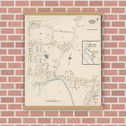 Old map wall art mockup — magnetic wood frame on brick wall — Sanborn Fire Insurance Map from Medway, Norfolk County, Massachusetts (1922), Sheet #0005