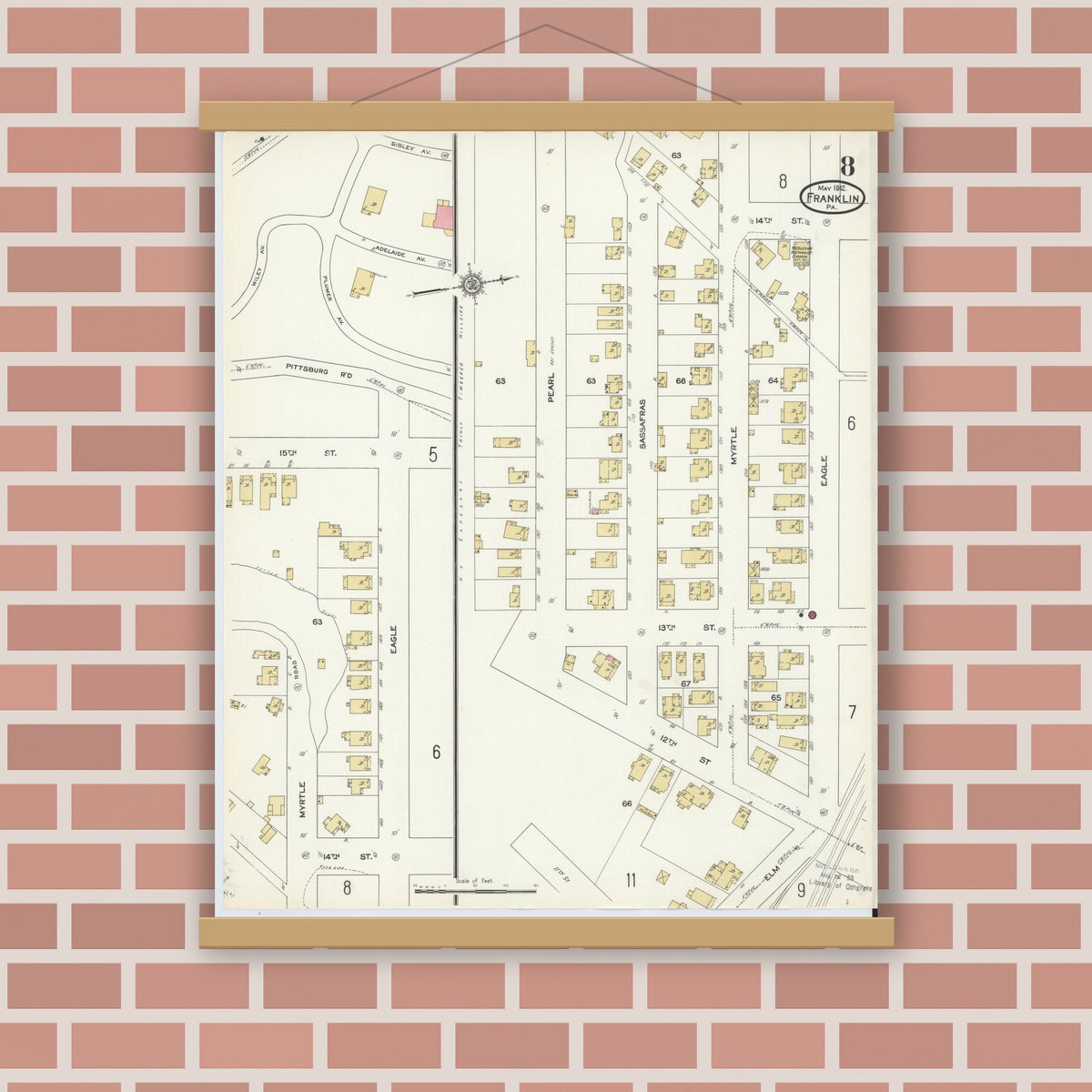 Old map wall art mockup — magnetic wood frame on brick wall — Sanborn Fire Insurance Map from Franklin, Venango County, Pennsylvania (1912), Sheet #0008