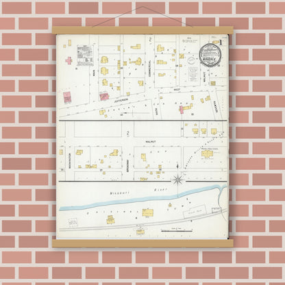 Old map wall art mockup — magnetic wood frame on brick wall — Sanborn Fire Insurance Map from Waverly, Lafayette County, Missouri (1900), Sheet #0001