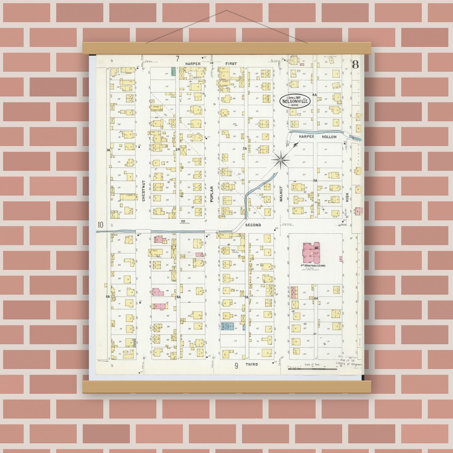 Old map wall art mockup — magnetic wood frame on brick wall — Sanborn Fire Insurance Map from Nelsonville, Athens County, Ohio (1907), Sheet #0008