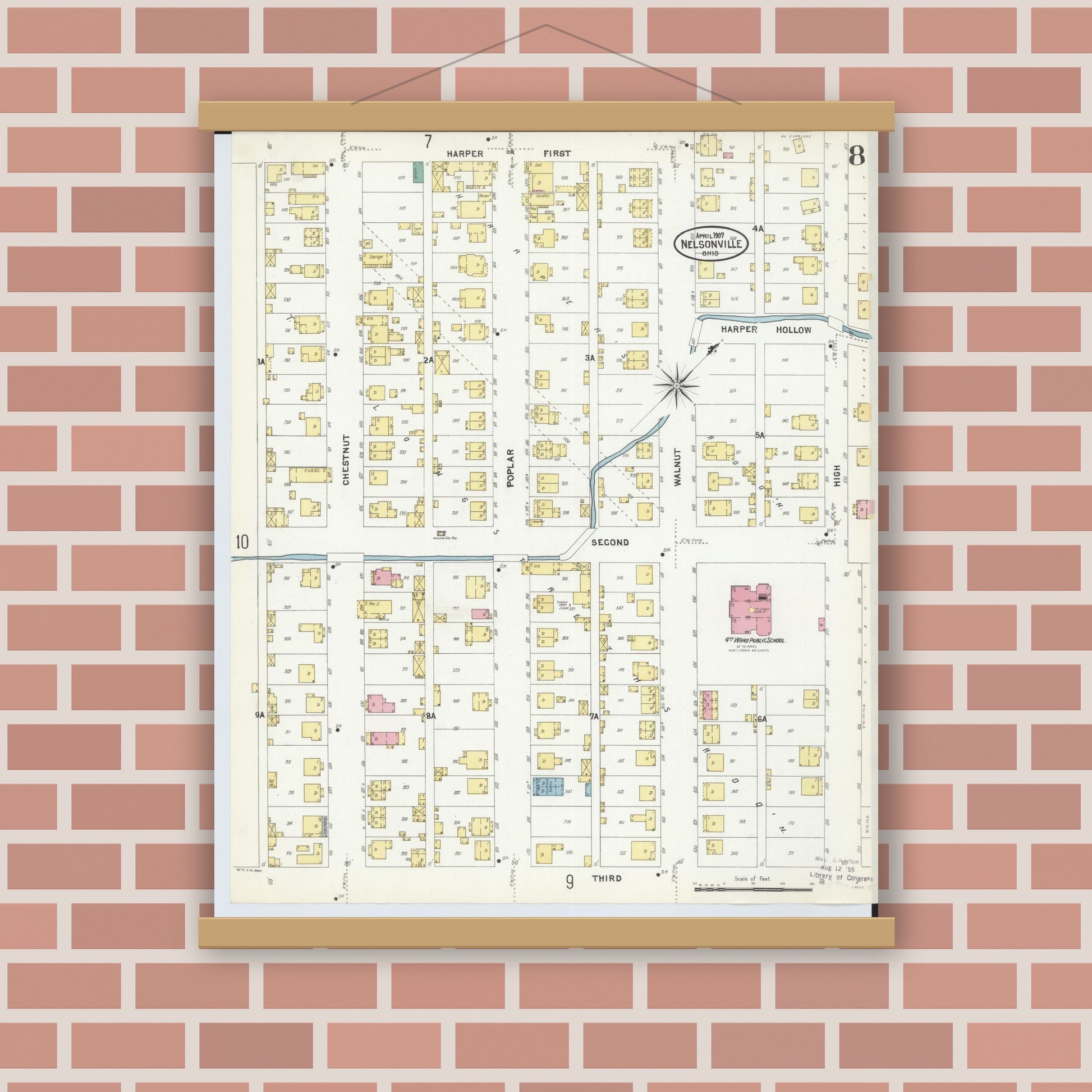 Old map wall art mockup — magnetic wood frame on brick wall — Sanborn Fire Insurance Map from Nelsonville, Athens County, Ohio (1907), Sheet #0008