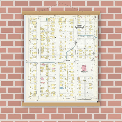 Old map wall art mockup — magnetic wood frame on brick wall — Sanborn Fire Insurance Map from Nelsonville, Athens County, Ohio (1907), Sheet #0008
