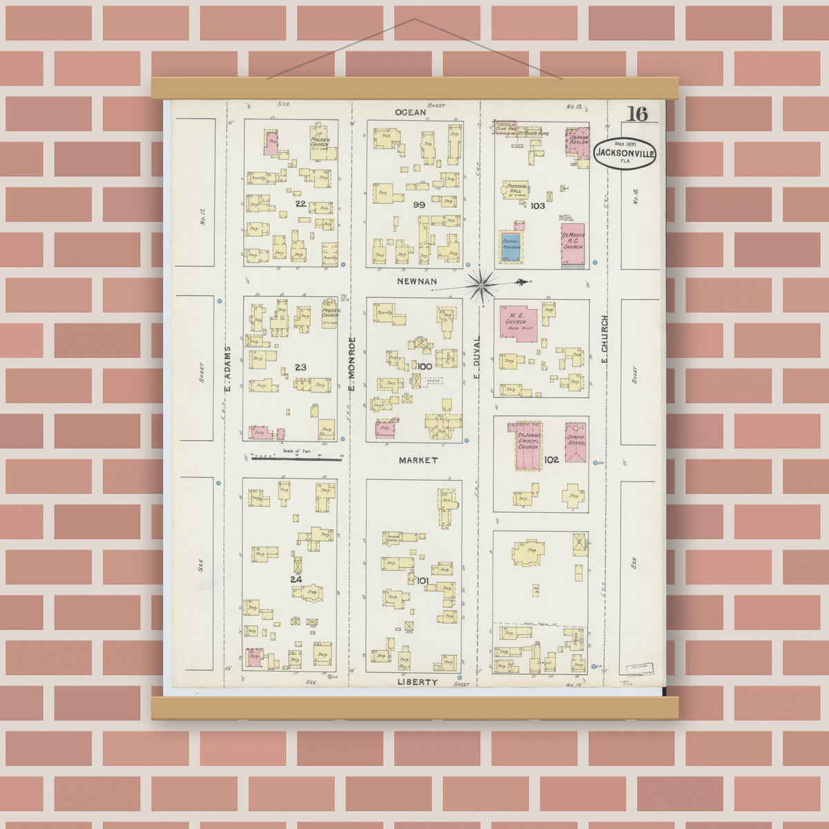 Old map wall art mockup — magnetic wood frame on brick wall — Sanborn Fire Insurance Map from Jacksonville, Duval County, Florida (1891), Sheet #0016