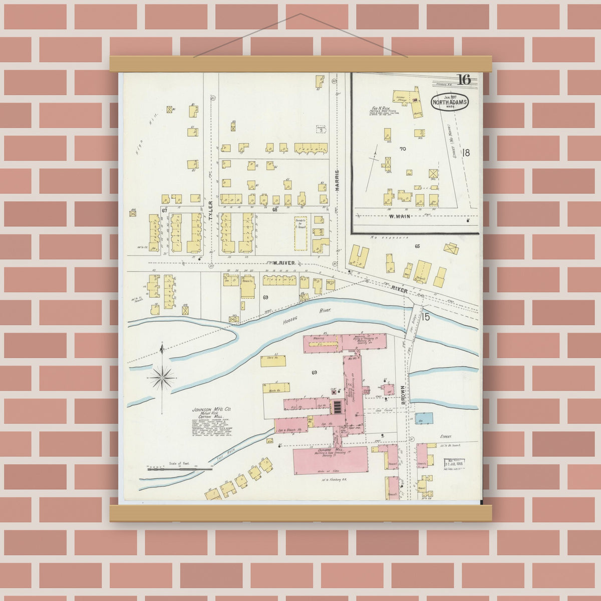 Old map wall art mockup — magnetic wood frame on brick wall — Sanborn Fire Insurance Map from North Adams, Berkshire County, Massachusetts (1897), Sheet #0016
