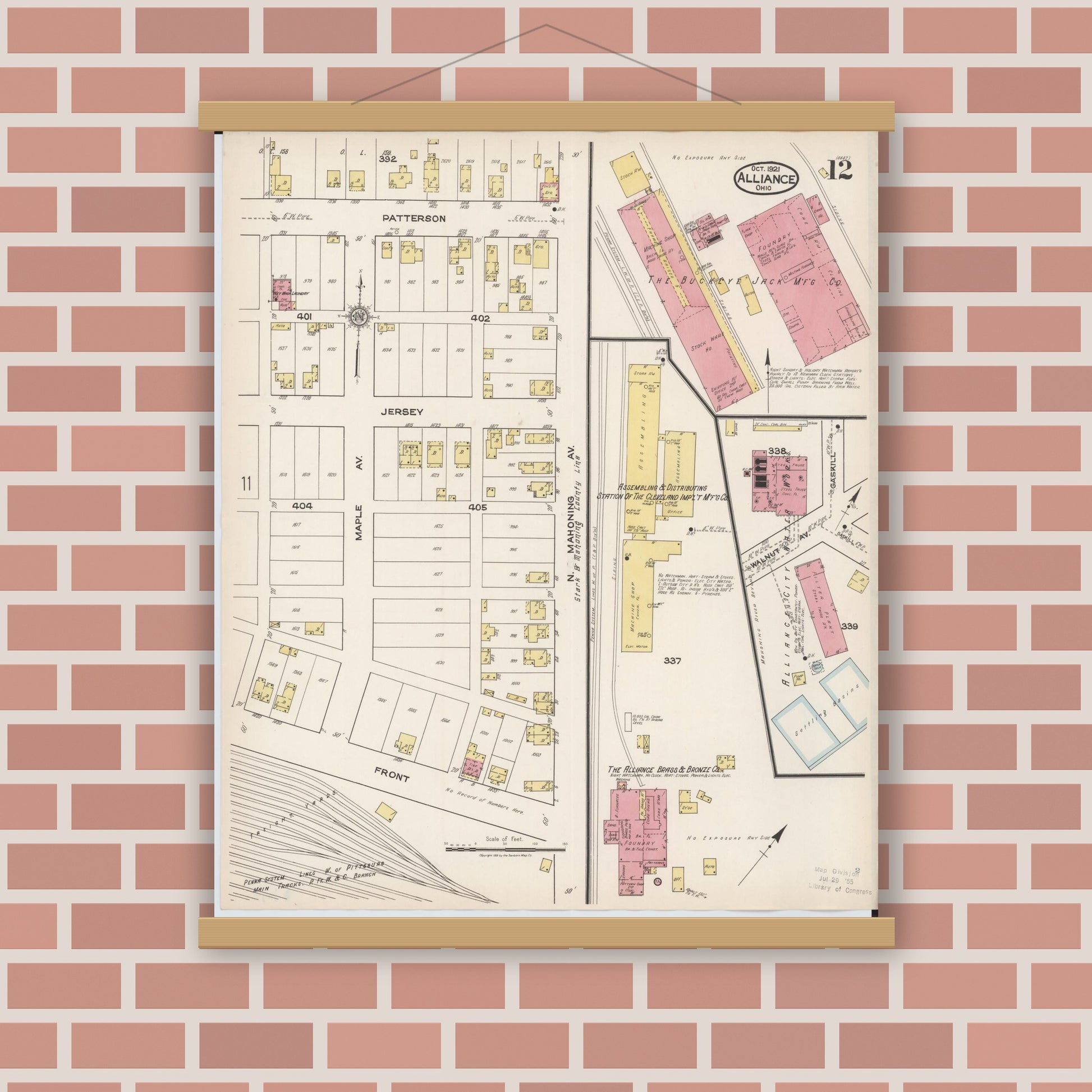 Old map wall art mockup — magnetic wood frame on brick wall — Sanborn Fire Insurance Map from Alliance, Stark County, Ohio (1921), Sheet #0012