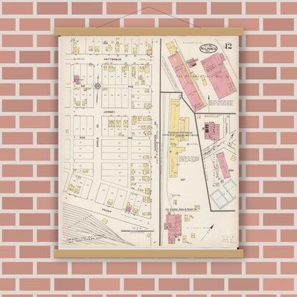 Old map wall art mockup — magnetic wood frame on brick wall — Sanborn Fire Insurance Map from Alliance, Stark County, Ohio (1921), Sheet #0012