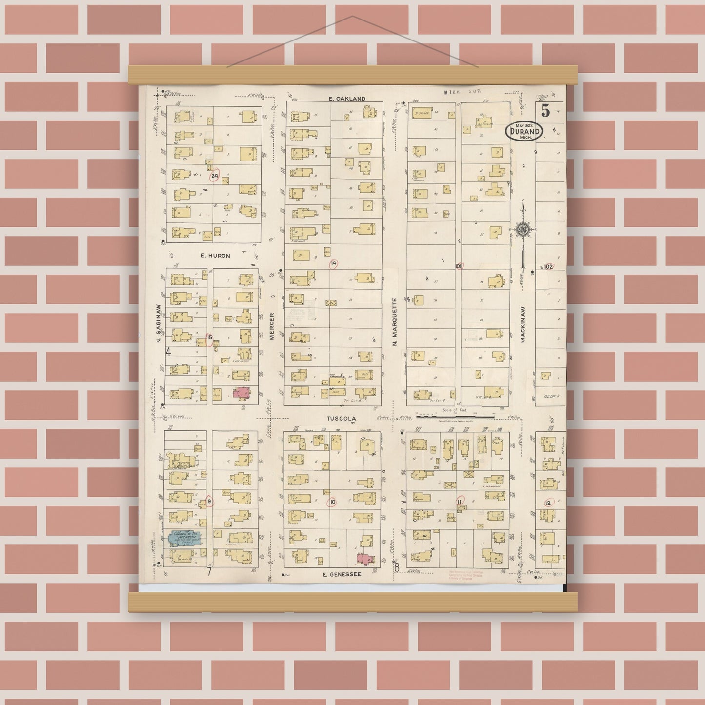 Old map wall art mockup — magnetic wood frame on brick wall — Sanborn Fire Insurance Map from Durand, Shiawassee County, Michigan (1944), Sheet #0005