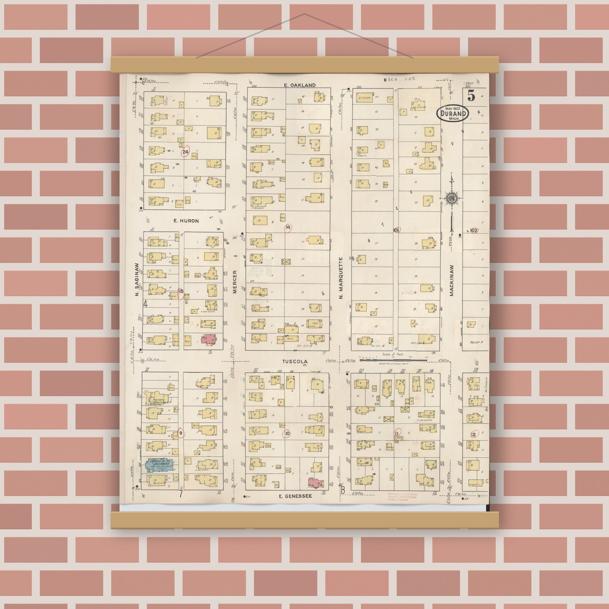 Old map wall art mockup — magnetic wood frame on brick wall — Sanborn Fire Insurance Map from Durand, Shiawassee County, Michigan (1944), Sheet #0005