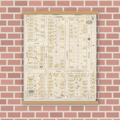 Old map wall art mockup — magnetic wood frame on brick wall — Sanborn Fire Insurance Map from Durand, Shiawassee County, Michigan (1944), Sheet #0005