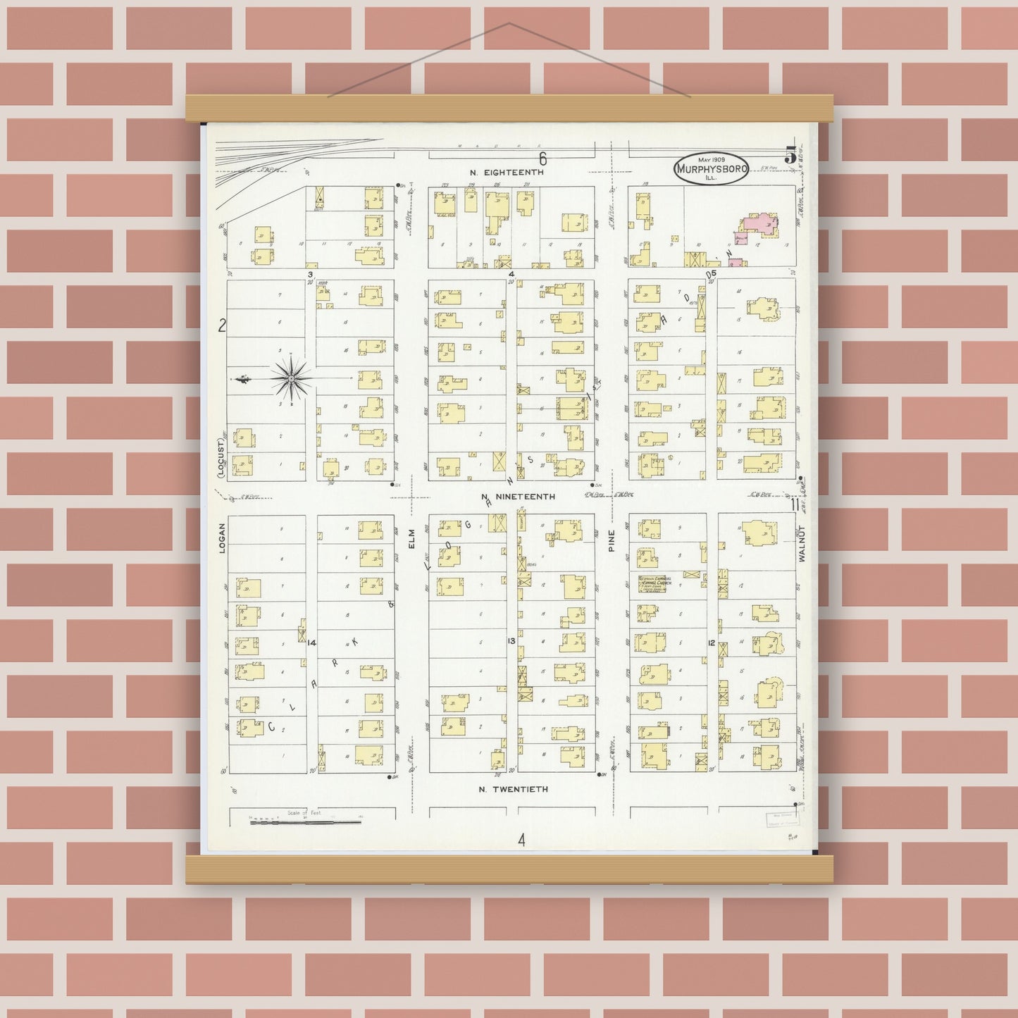 Old map wall art mockup — magnetic wood frame on brick wall — Sanborn Fire Insurance Map from Murphysboro, Jackson County, Illinois (1909), Sheet #0005