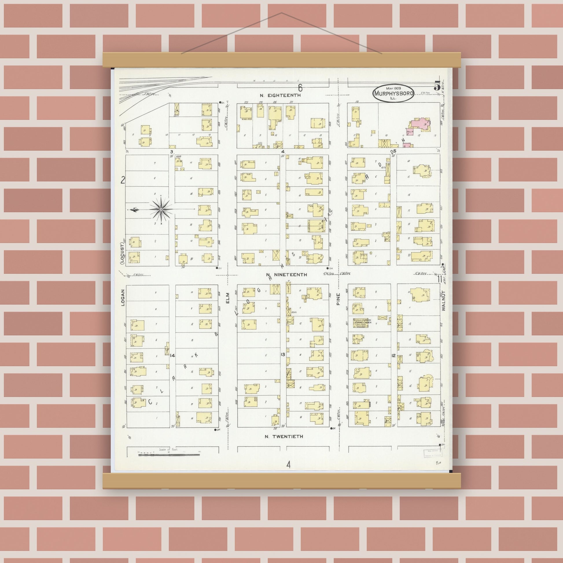 Old map wall art mockup — magnetic wood frame on brick wall — Sanborn Fire Insurance Map from Murphysboro, Jackson County, Illinois (1909), Sheet #0005