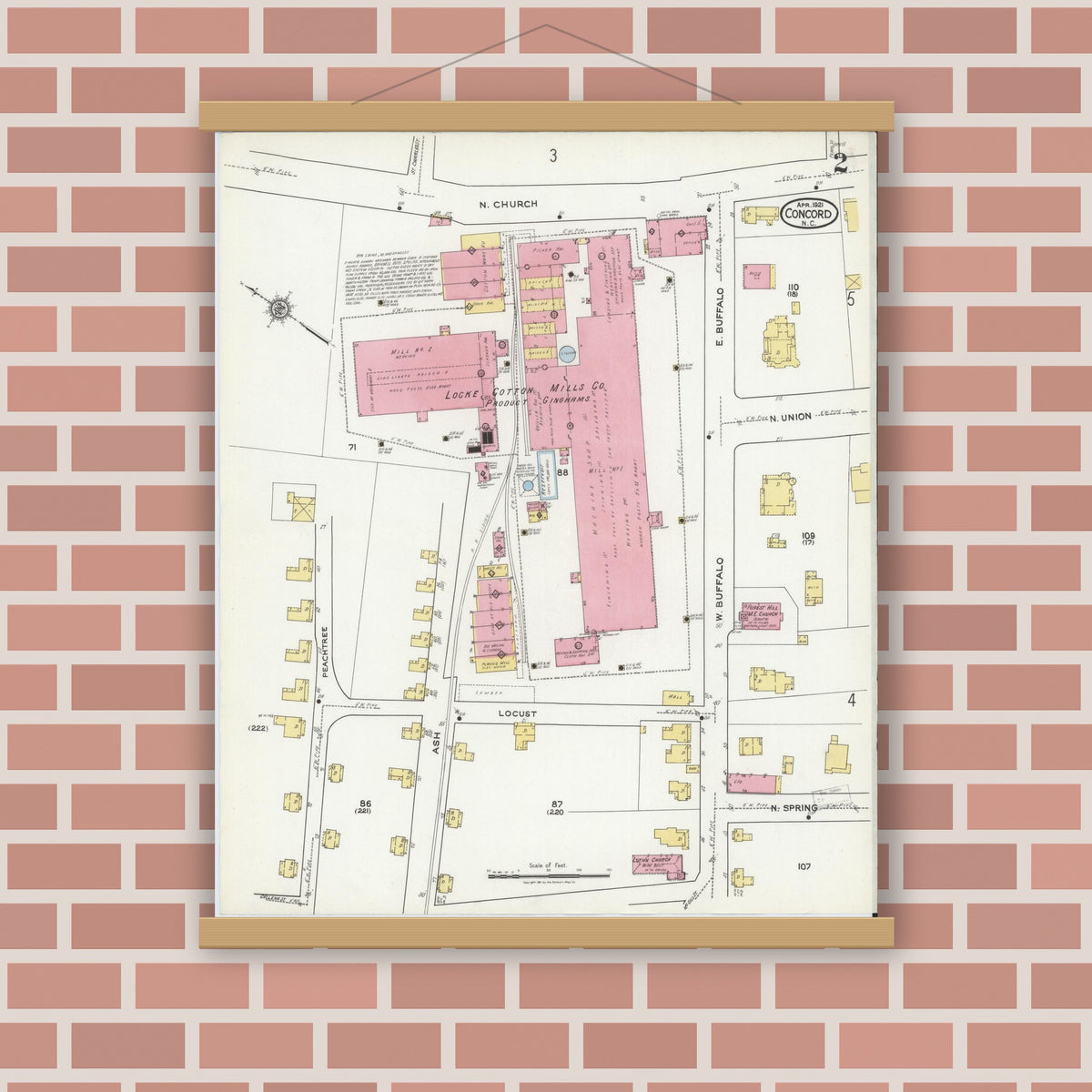 Old map wall art mockup — magnetic wood frame on brick wall — Sanborn Fire Insurance Map from Concord, Cabarrus County, North Carolina (1921), Sheet #0002