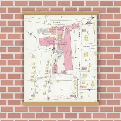 Old map wall art mockup — magnetic wood frame on brick wall — Sanborn Fire Insurance Map from Concord, Cabarrus County, North Carolina (1921), Sheet #0002