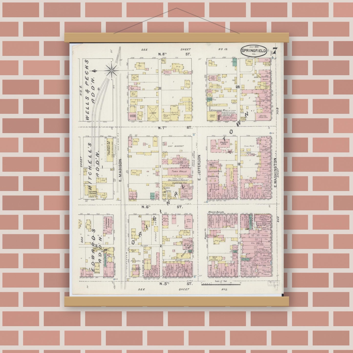 Old map wall art mockup — magnetic wood frame on brick wall — Sanborn Fire Insurance Map from Springfield, Sangamon County, Illinois (1890), Sheet #0007