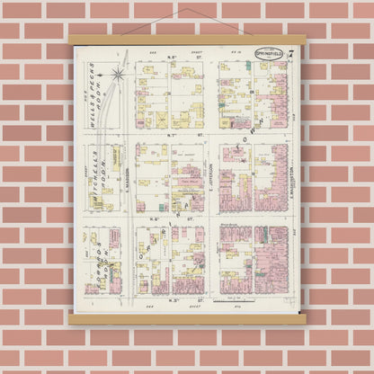 Old map wall art mockup — magnetic wood frame on brick wall — Sanborn Fire Insurance Map from Springfield, Sangamon County, Illinois (1890), Sheet #0007