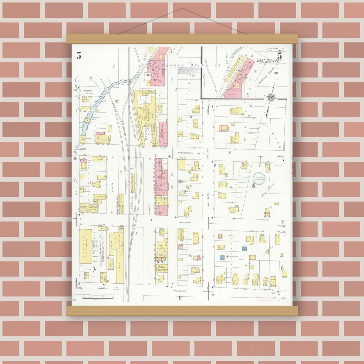 Old map wall art mockup — magnetic wood frame on brick wall — Sanborn Fire Insurance Map from Dundee, Kane County, Illinois (1933), Sheet #0005