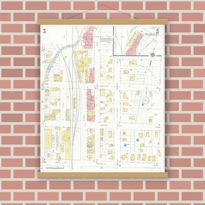 Old map wall art mockup — magnetic wood frame on brick wall — Sanborn Fire Insurance Map from Dundee, Kane County, Illinois (1933), Sheet #0005