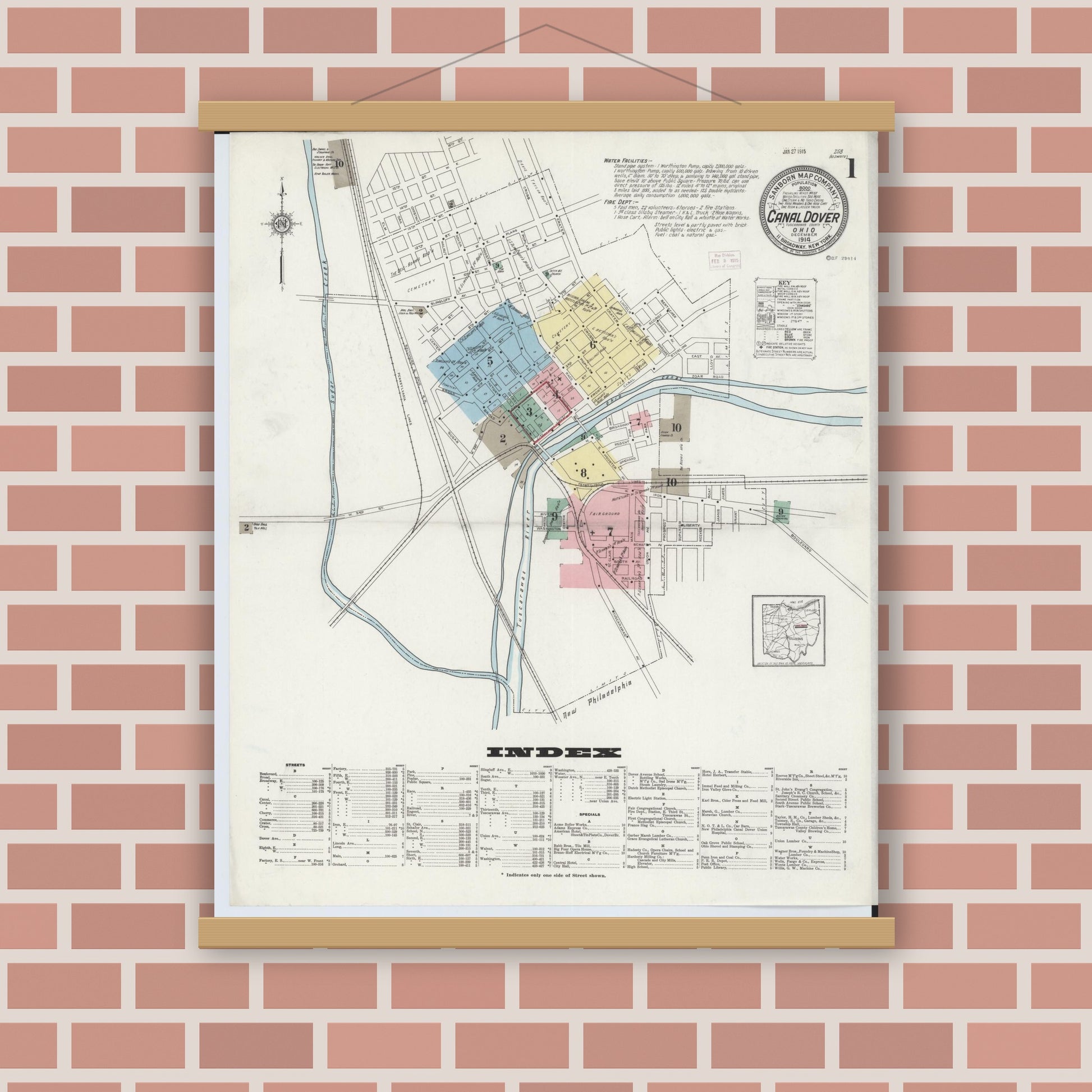 Old map wall art mockup — magnetic wood frame on brick wall — Sanborn Fire Insurance Map from Canal Dover, Tuscarawas County, Ohio (1914), Sheet #0001