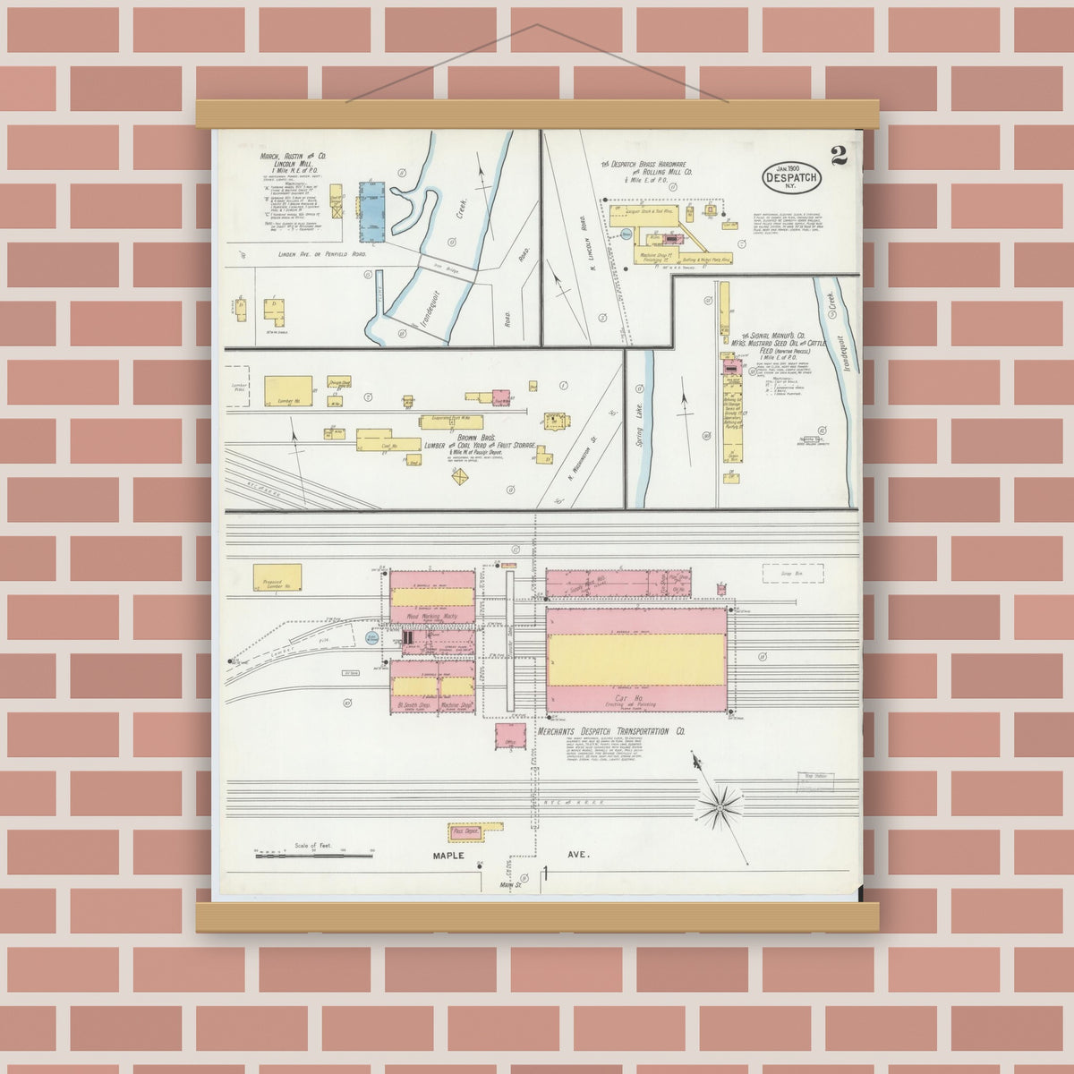 Old map wall art mockup — magnetic wood frame on brick wall — Sanborn Fire Insurance Map from Despatch, Monroe County, New York (1900), Sheet #0002