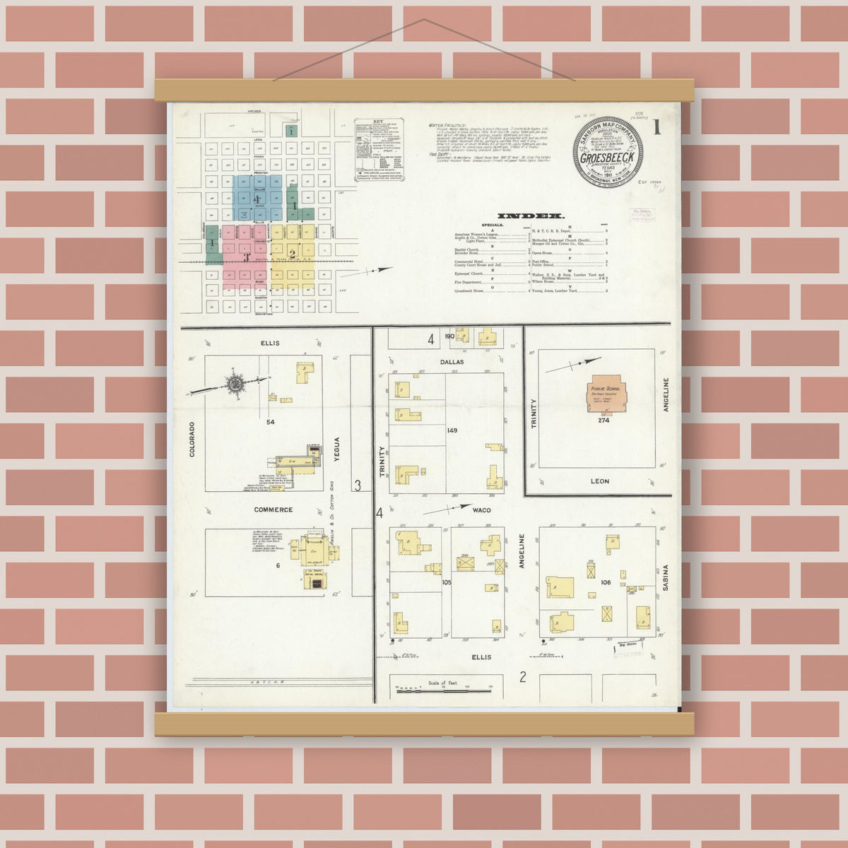Old map wall art mockup — magnetic wood frame on brick wall — Sanborn Fire Insurance Map from Groesbeck, Limestone County, Texas (1911) - Complete Map Set