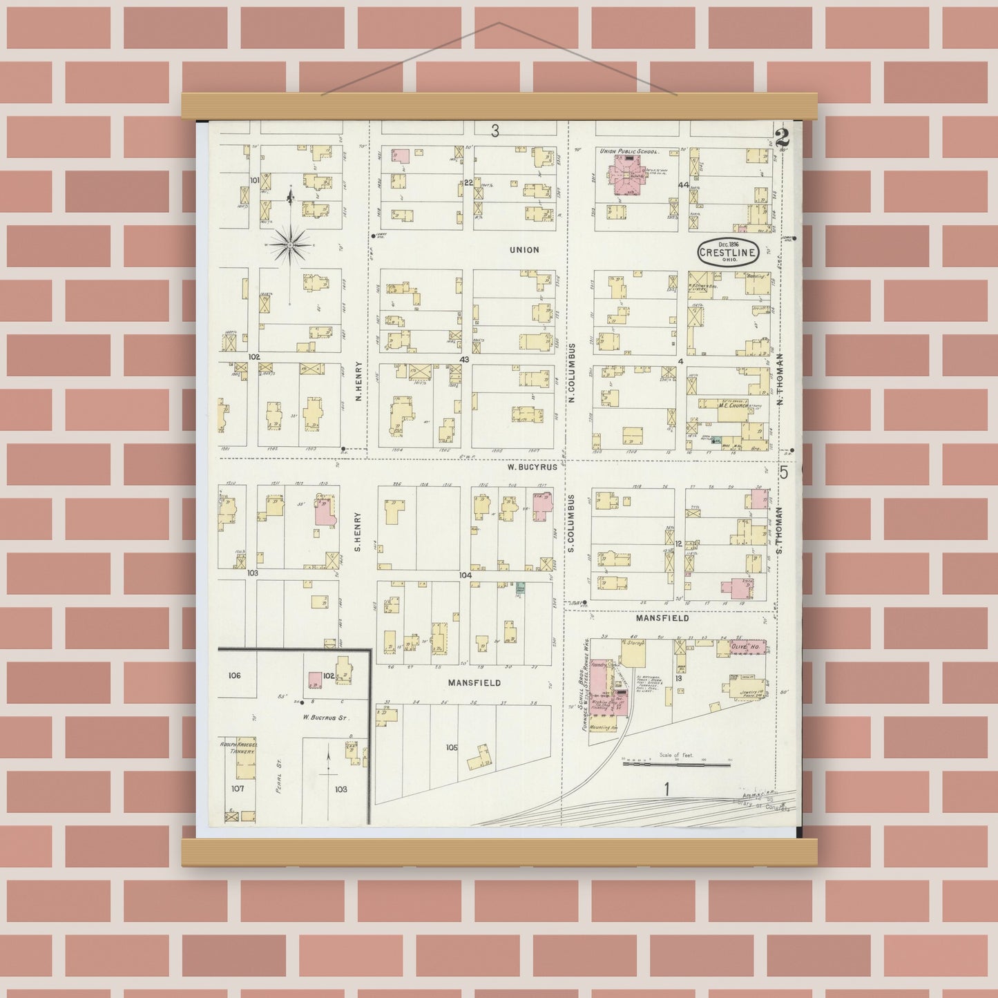 Old map wall art mockup — magnetic wood frame on brick wall — Sanborn Fire Insurance Map from Crestline, Crawford County, Ohio (1896), Sheet #0002