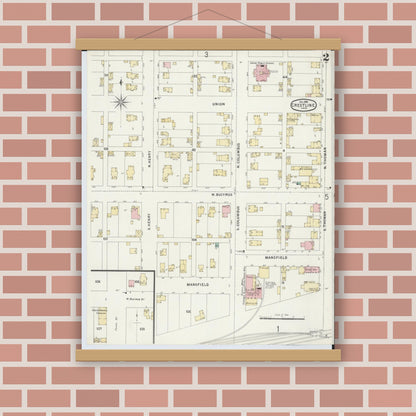 Old map wall art mockup — magnetic wood frame on brick wall — Sanborn Fire Insurance Map from Crestline, Crawford County, Ohio (1896), Sheet #0002