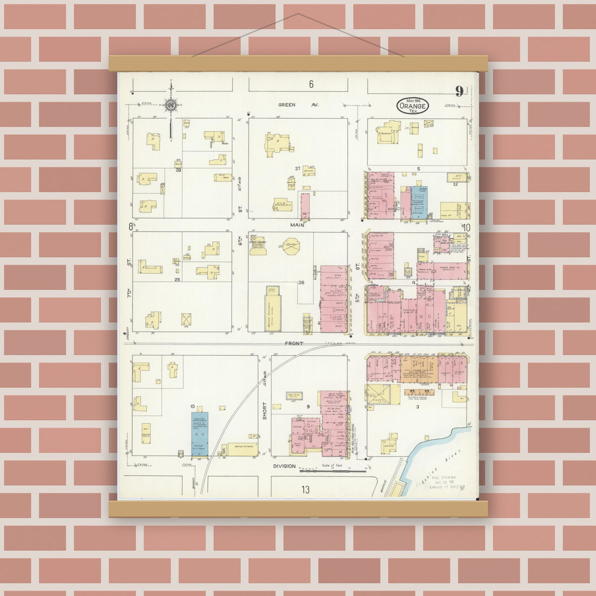Old map wall art mockup — magnetic wood frame on brick wall — Sanborn Fire Insurance Map from Orange, Orange County, Texas (1914), Sheet #0009