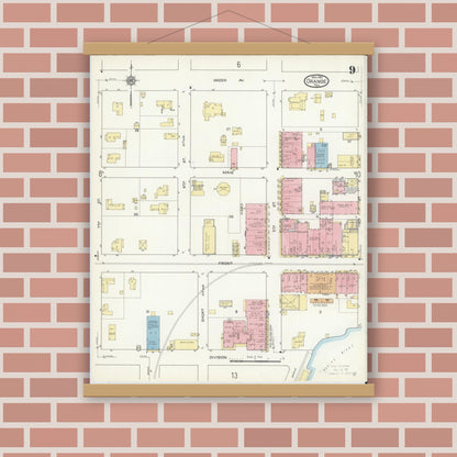 Old map wall art mockup — magnetic wood frame on brick wall — Sanborn Fire Insurance Map from Orange, Orange County, Texas (1914), Sheet #0009