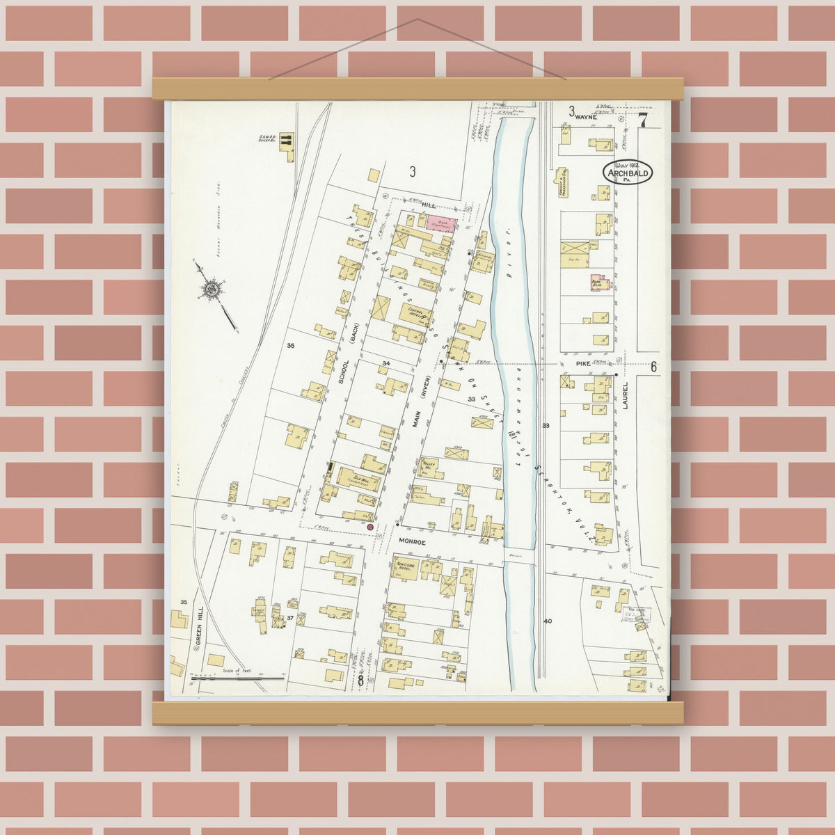 Old map wall art mockup — magnetic wood frame on brick wall — Sanborn Fire Insurance Map from Archbald, Lackawanna County, Pennsylvania (1912), Sheet #0007