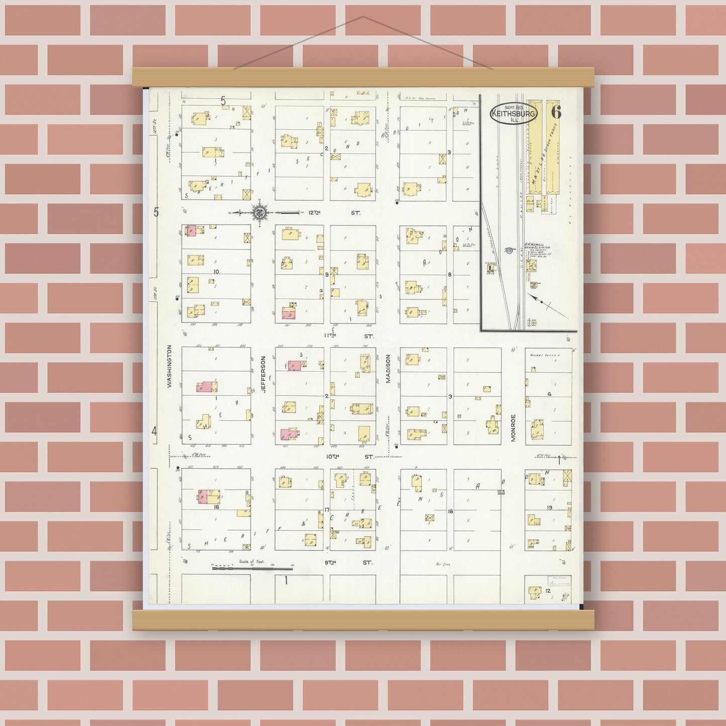 Old map wall art mockup — magnetic wood frame on brick wall — Sanborn Fire Insurance Map from Keithsburg, Mercer County, Illinois (1913), Sheet #0006