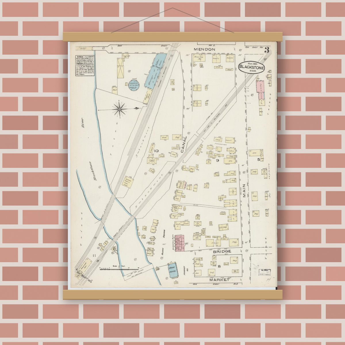 Old map wall art mockup — magnetic wood frame on brick wall — Sanborn Fire Insurance Map from Blackstone, Worcester County, Massachusetts (1885), Sheet #0003