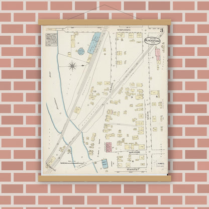 Old map wall art mockup — magnetic wood frame on brick wall — Sanborn Fire Insurance Map from Blackstone, Worcester County, Massachusetts (1885), Sheet #0003