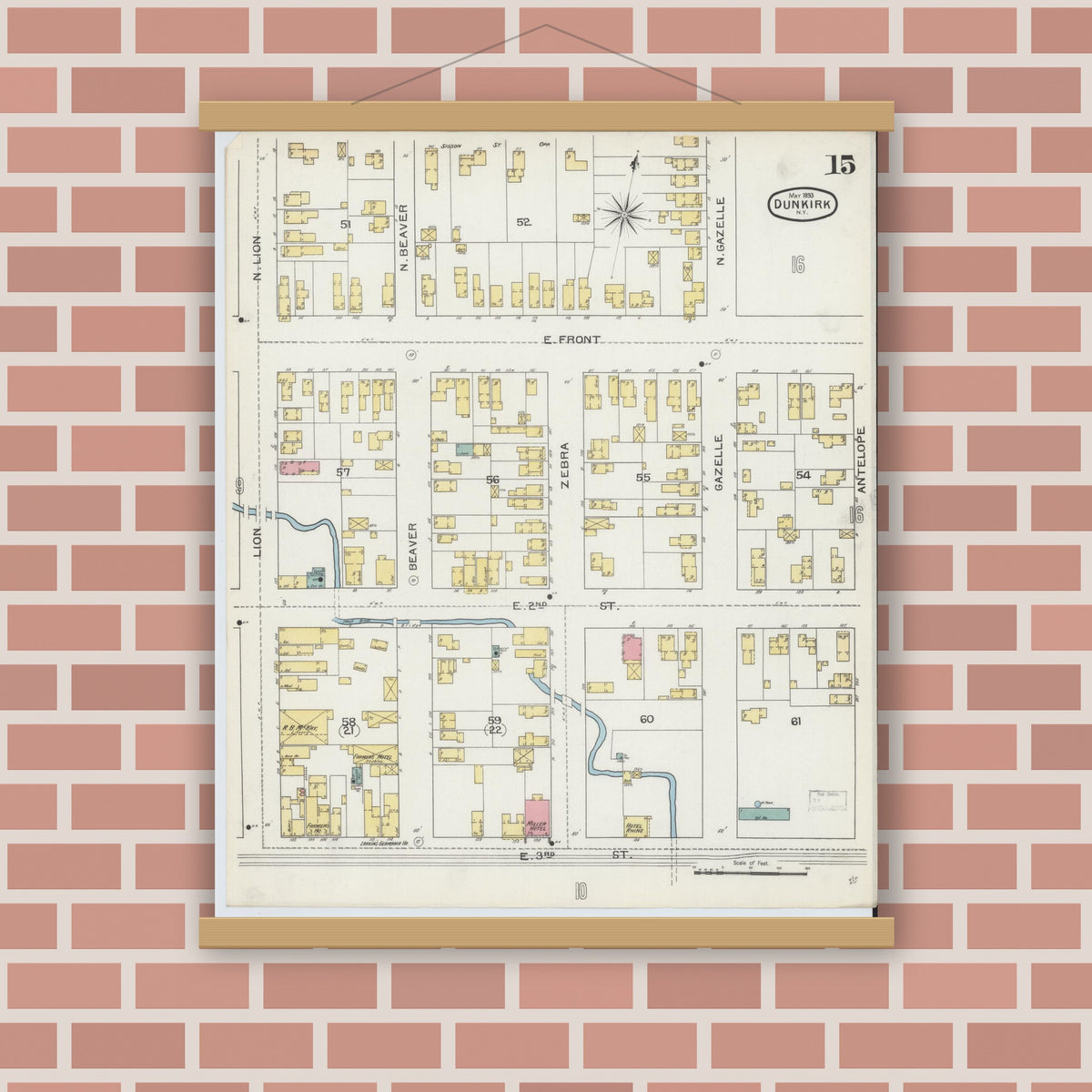 Old map wall art mockup — magnetic wood frame on brick wall — Sanborn Fire Insurance Map from Dunkirk, Chautauqua County, New York (1893), Sheet #0015