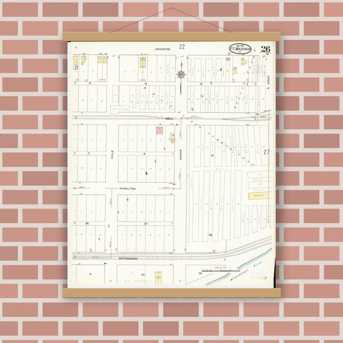 Old map wall art mockup — magnetic wood frame on brick wall — Sanborn Fire Insurance Map from Fort Madison, Lee County, Iowa (1913), Sheet #0026