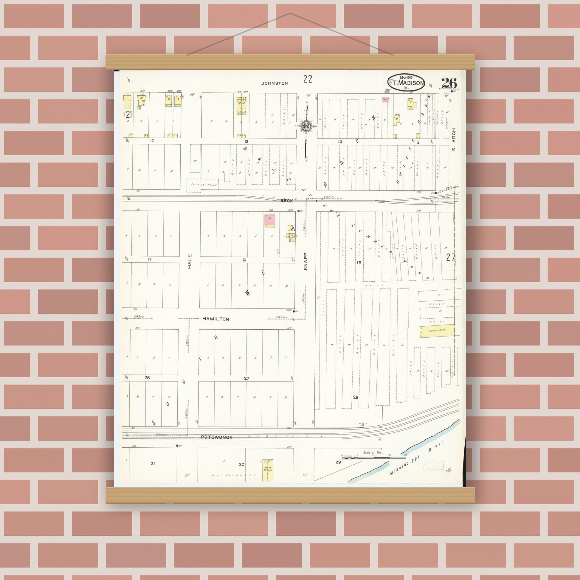 Old map wall art mockup — magnetic wood frame on brick wall — Sanborn Fire Insurance Map from Fort Madison, Lee County, Iowa (1913), Sheet #0026